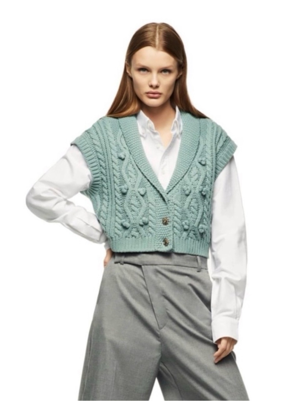 ZARA Sage Green Cable Knit Cardigan with Decorative Buttons - Picture 5 of 5